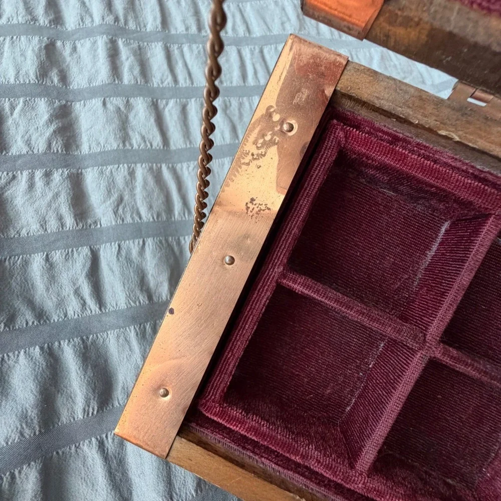 Vintage Wooden Treasure Chest Jewelry Box Burgundy Velvet Lining Copper Trim